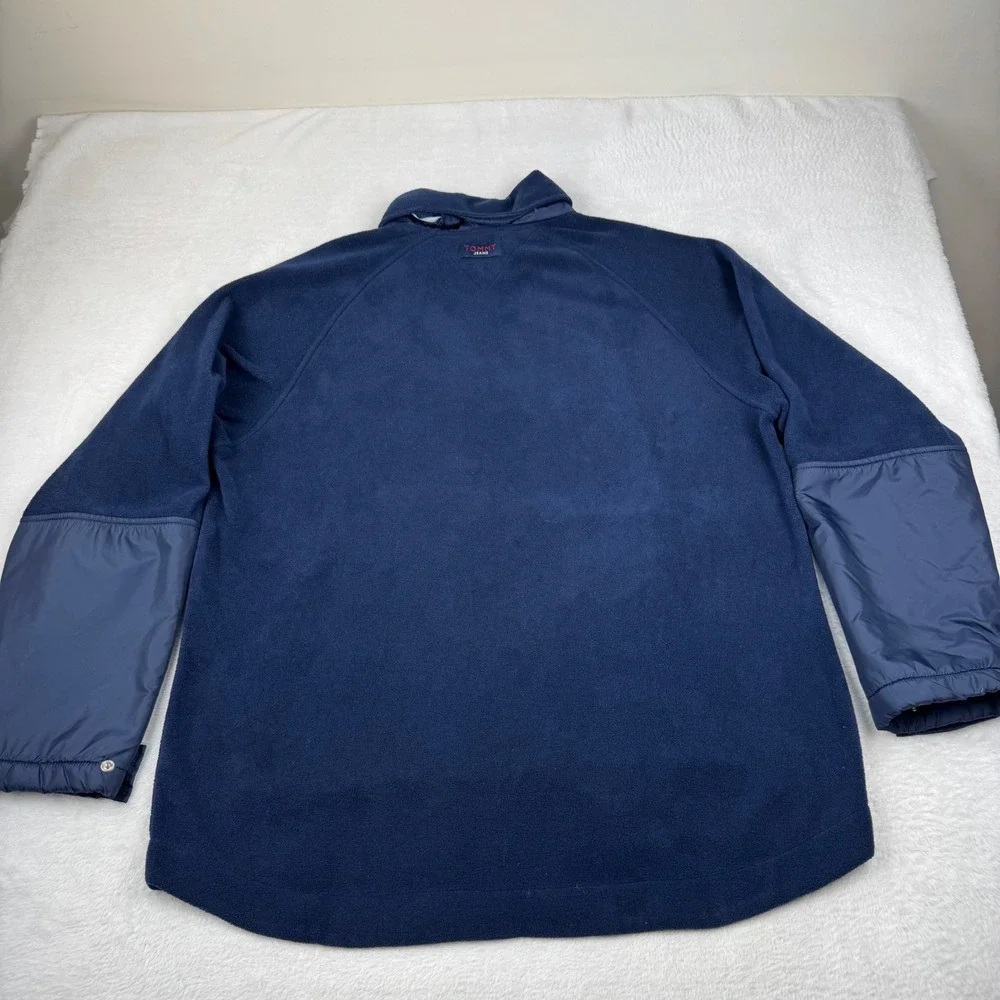 Vintage Tommy Jeans Fleece Pullover Mens Large Navy Blue 1/4 Zip Packable Hood